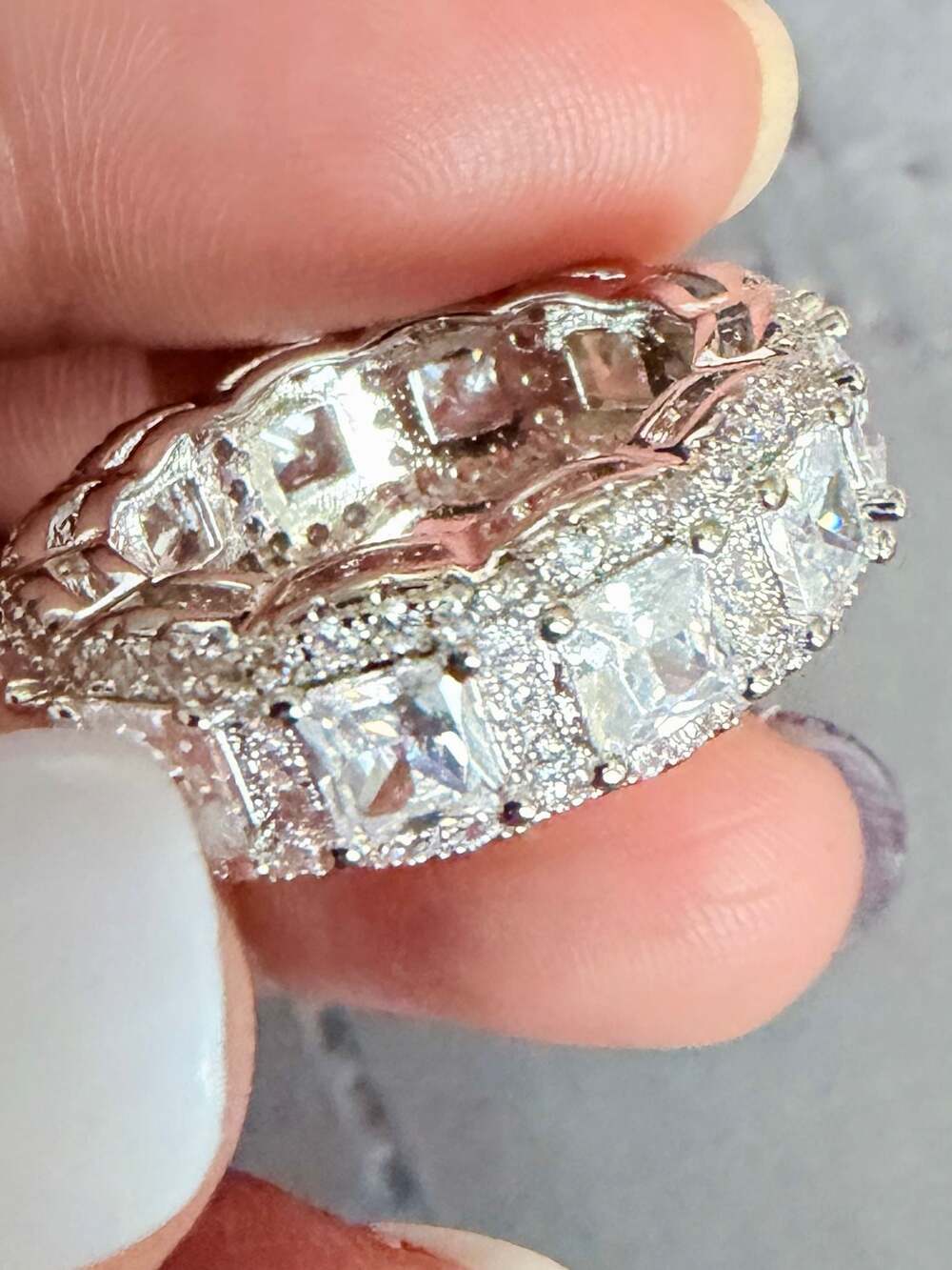Iced Out Princess Cut CZ Halo Eternity Band Size 6